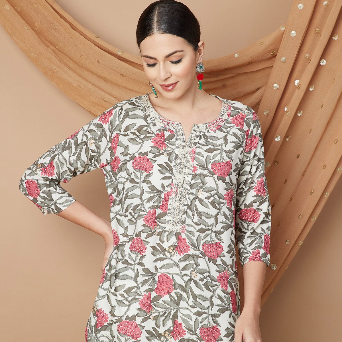 Ira Grey Floral Rayon A-Line Kurta