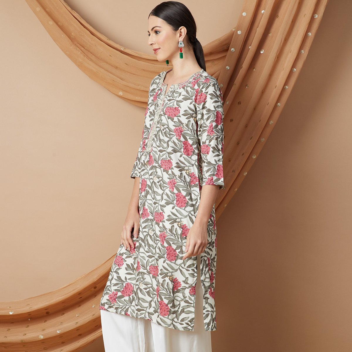 Ira Grey Floral Rayon A-Line Kurta