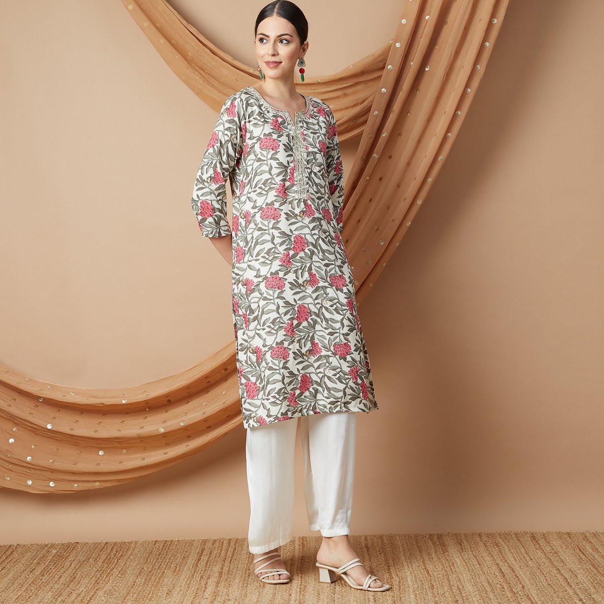 Ira Grey Floral Rayon A-Line Kurta