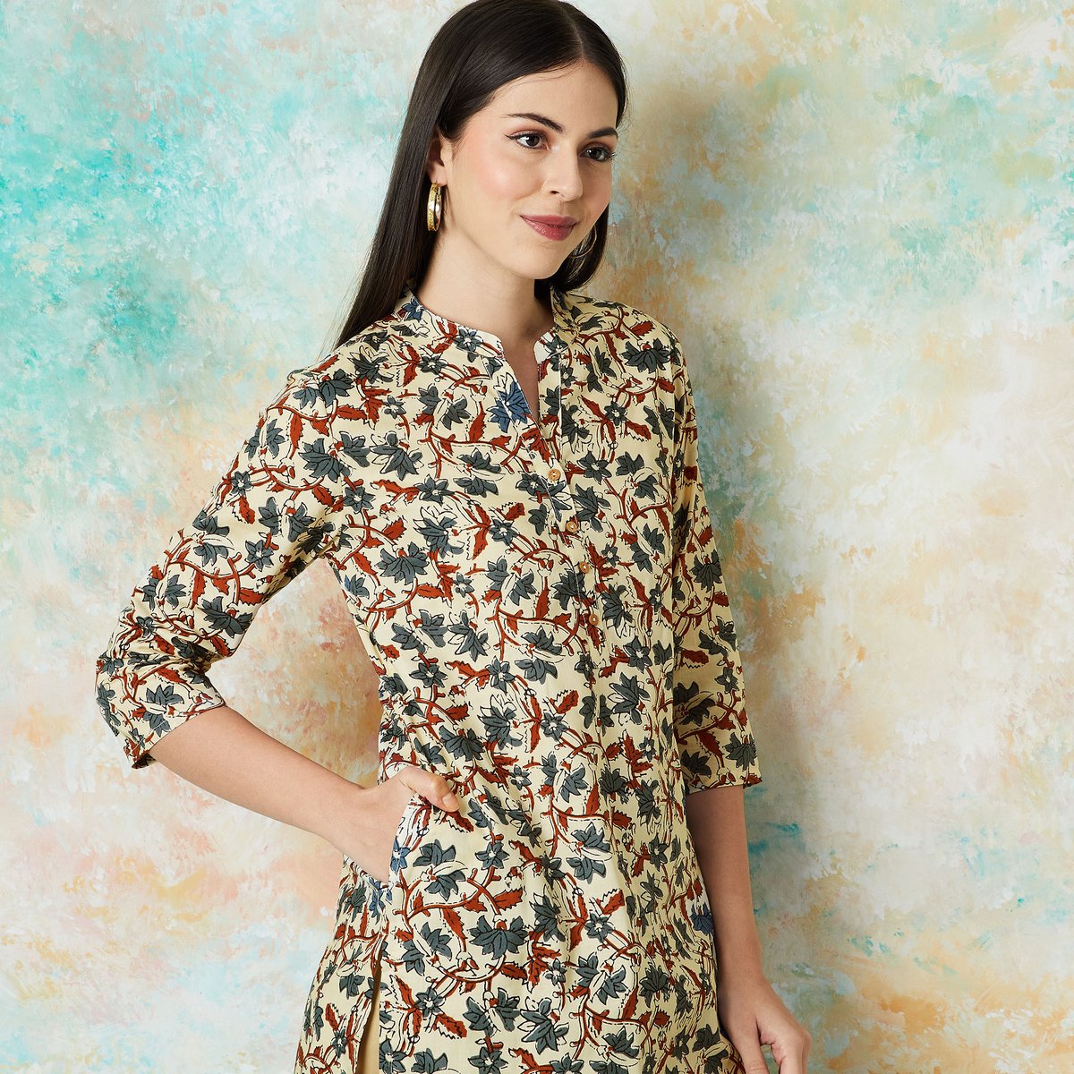 Beige Cotton Floral Print Straight Kurta