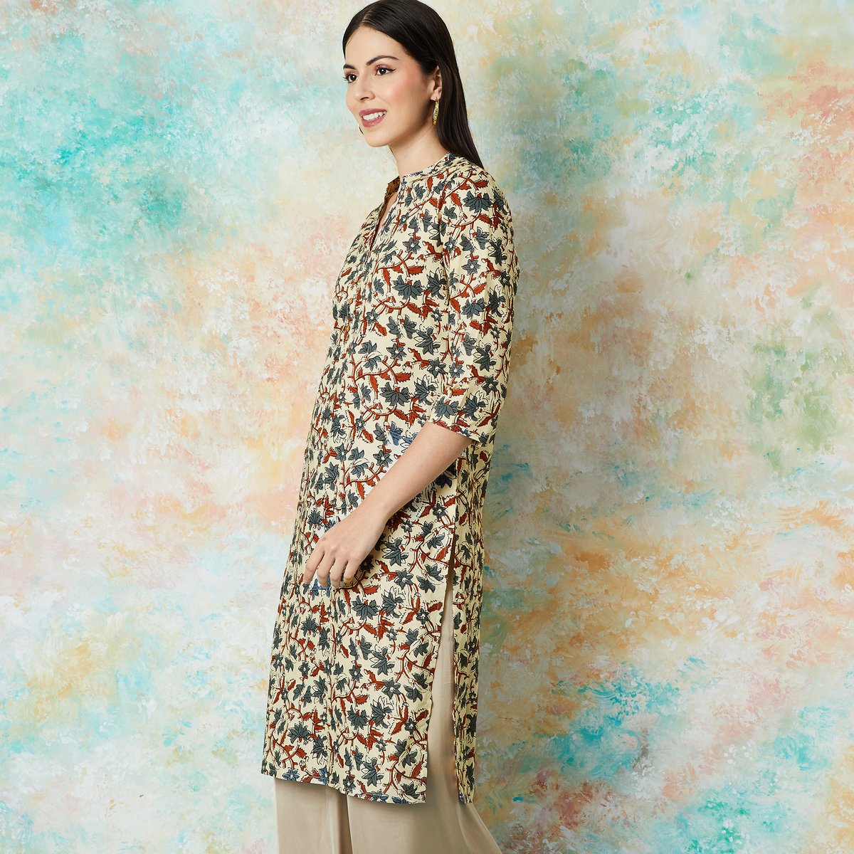 Beige Cotton Floral Print Straight Kurta