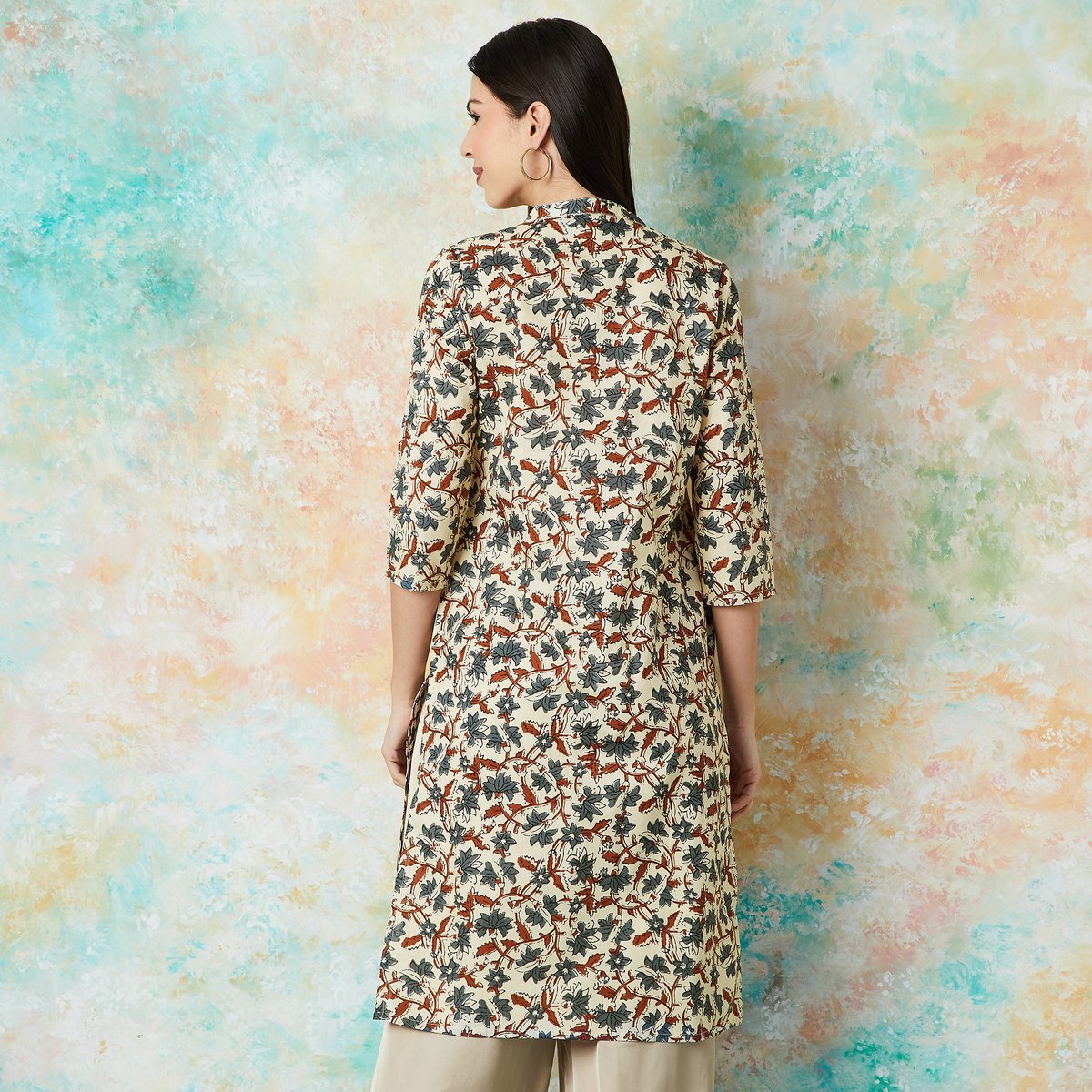 Beige Cotton Floral Print Straight Kurta