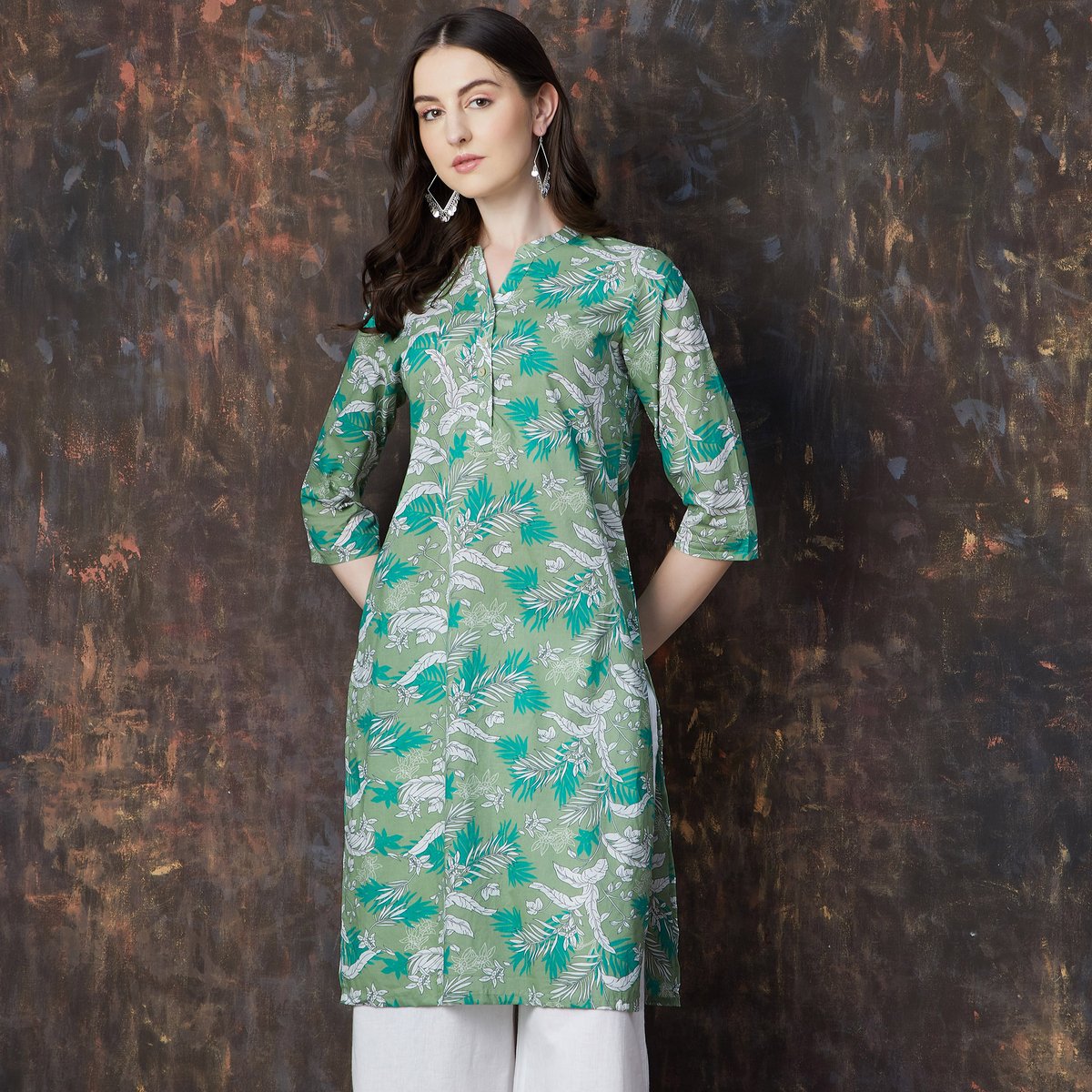 Green Cotton Printed Straight Kurta
