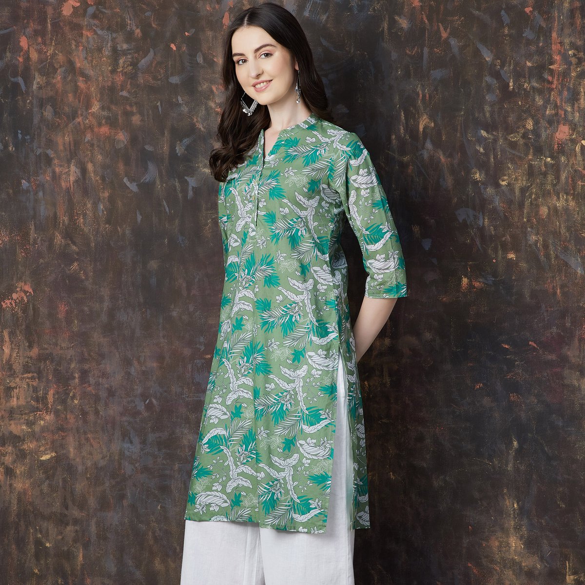 Green Cotton Printed Straight Kurta