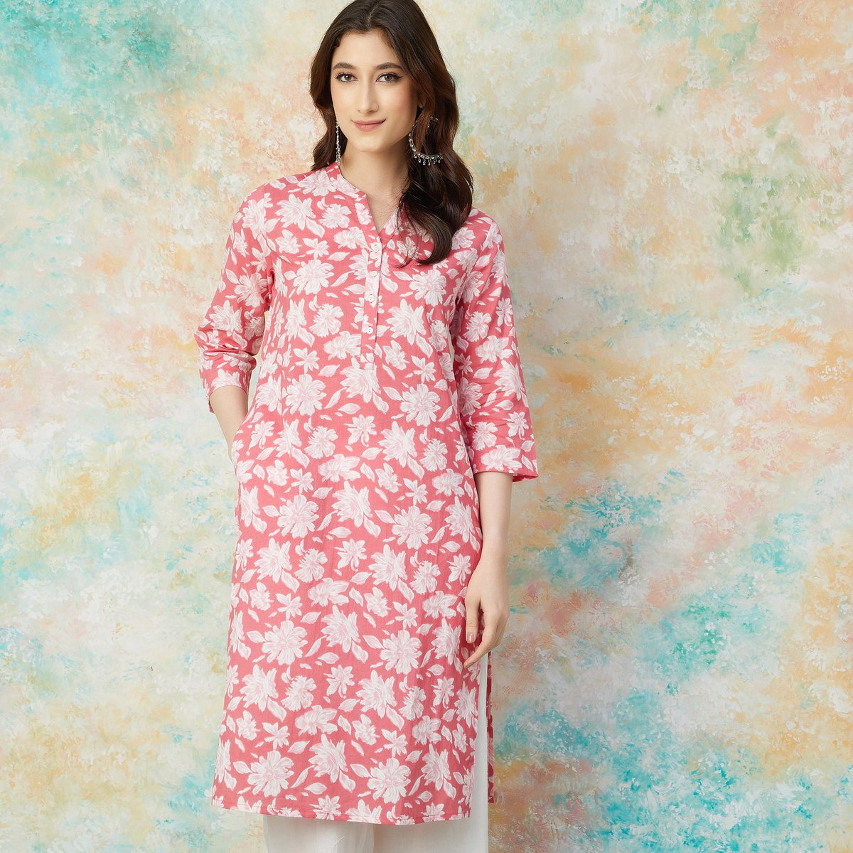 Pink Cotton Floral Print Straight Kurta