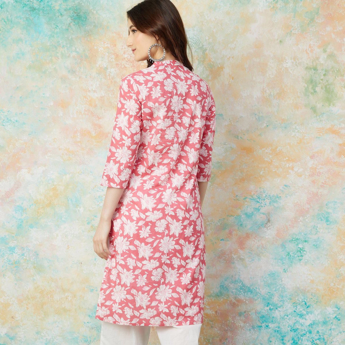 Pink Cotton Floral Print Straight Kurta