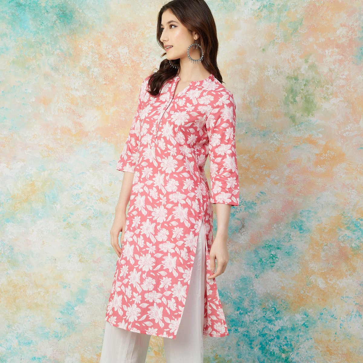 Pink Cotton Floral Print Straight Kurta