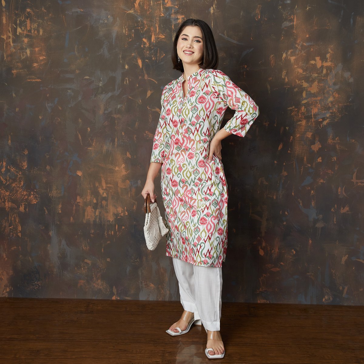 White Cotton Printed Straight Kurta