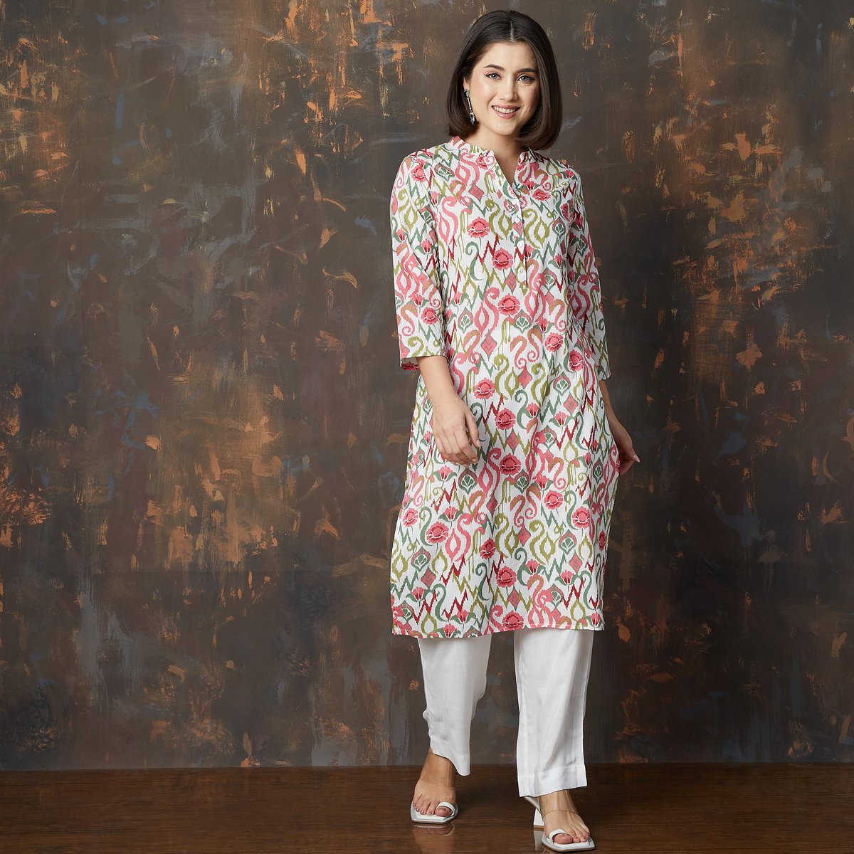 White Cotton Printed Straight Kurta
