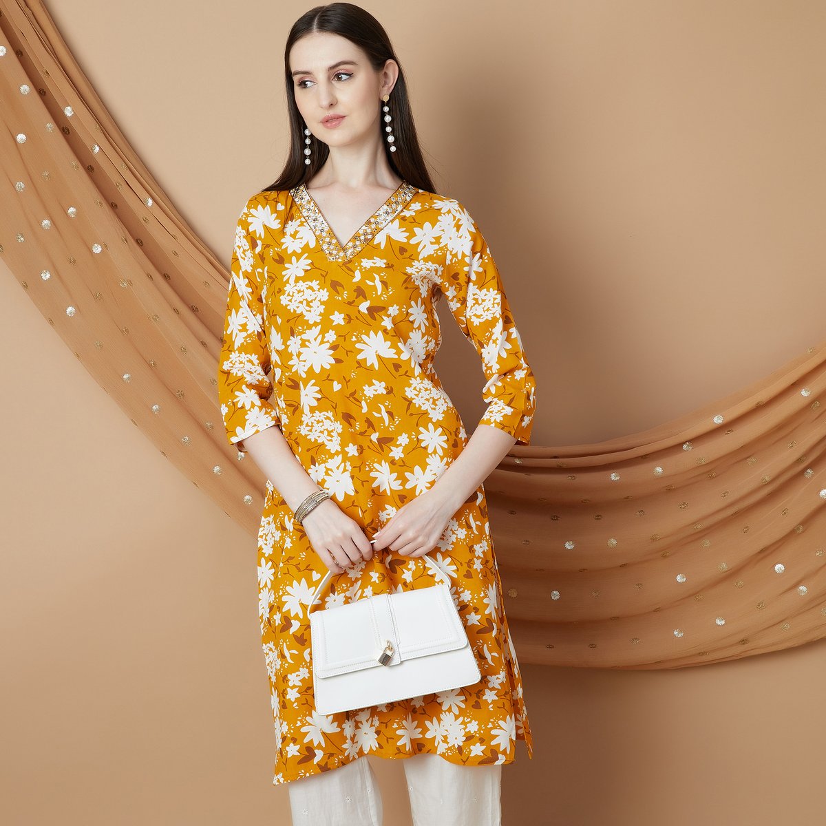 Ziya Yellow Floral Rayon Kurta