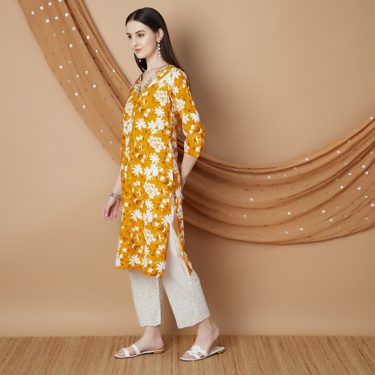 Ziya Yellow Floral Rayon Kurta