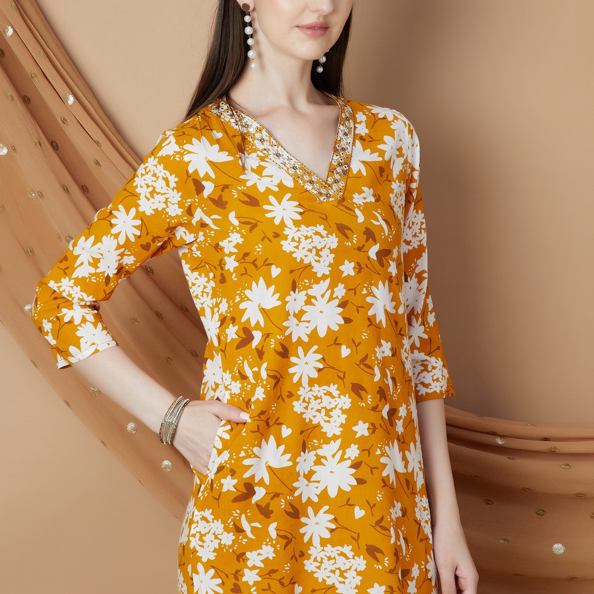 Ziya Yellow Floral Rayon Kurta