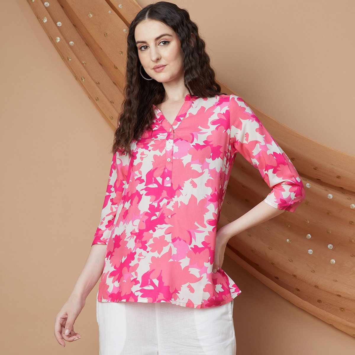 Ruhani Pink Floral Viscose Kurti