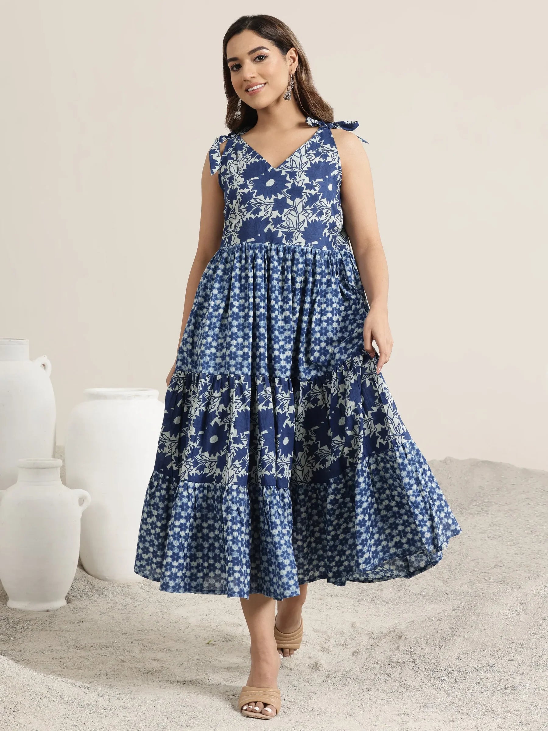 Indigo Bloom Cotton Fit & Flare Dress