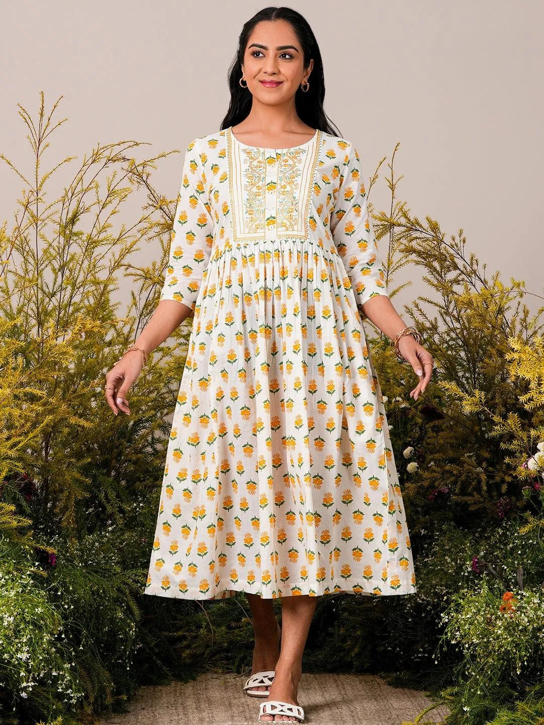 Ivory Meadow Fit & Flare Cotton Dress