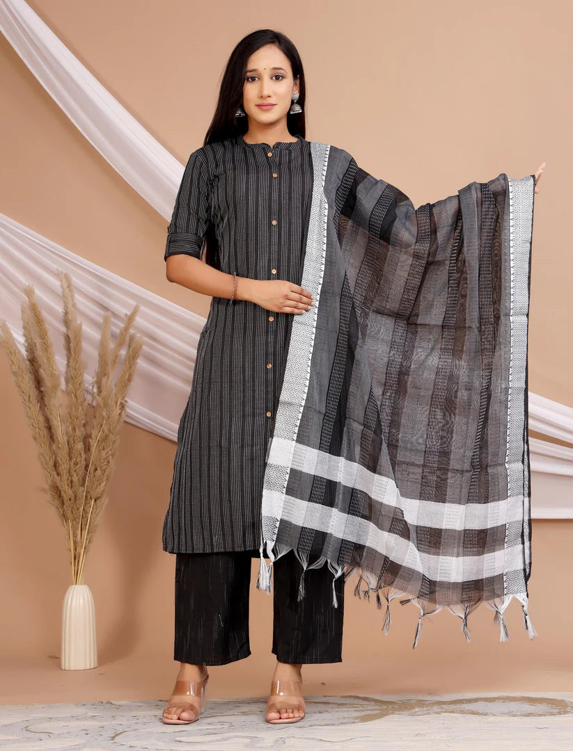 Black Cotton Kurta Set with Woven Dupatta