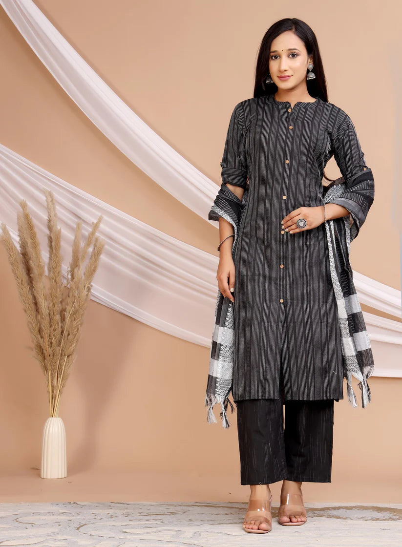 Black Cotton Kurta Set with Woven Dupatta