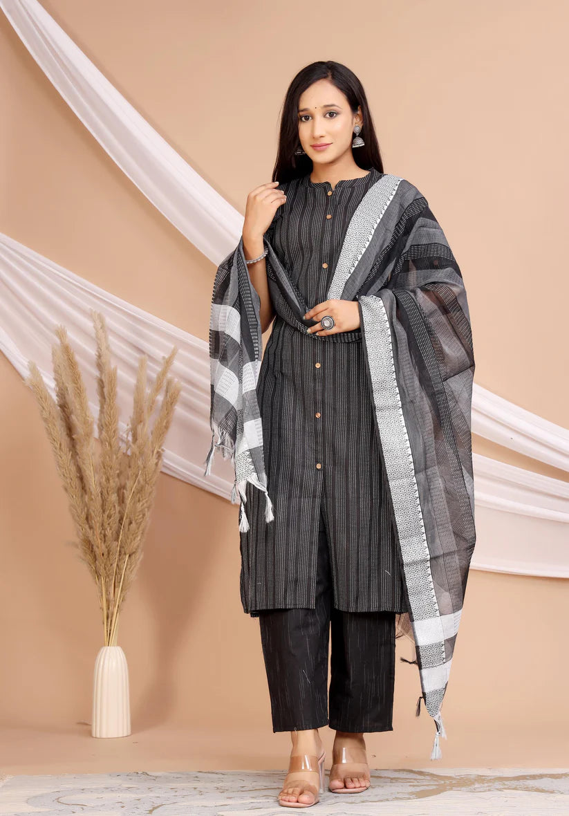 Black Cotton Kurta Set with Woven Dupatta