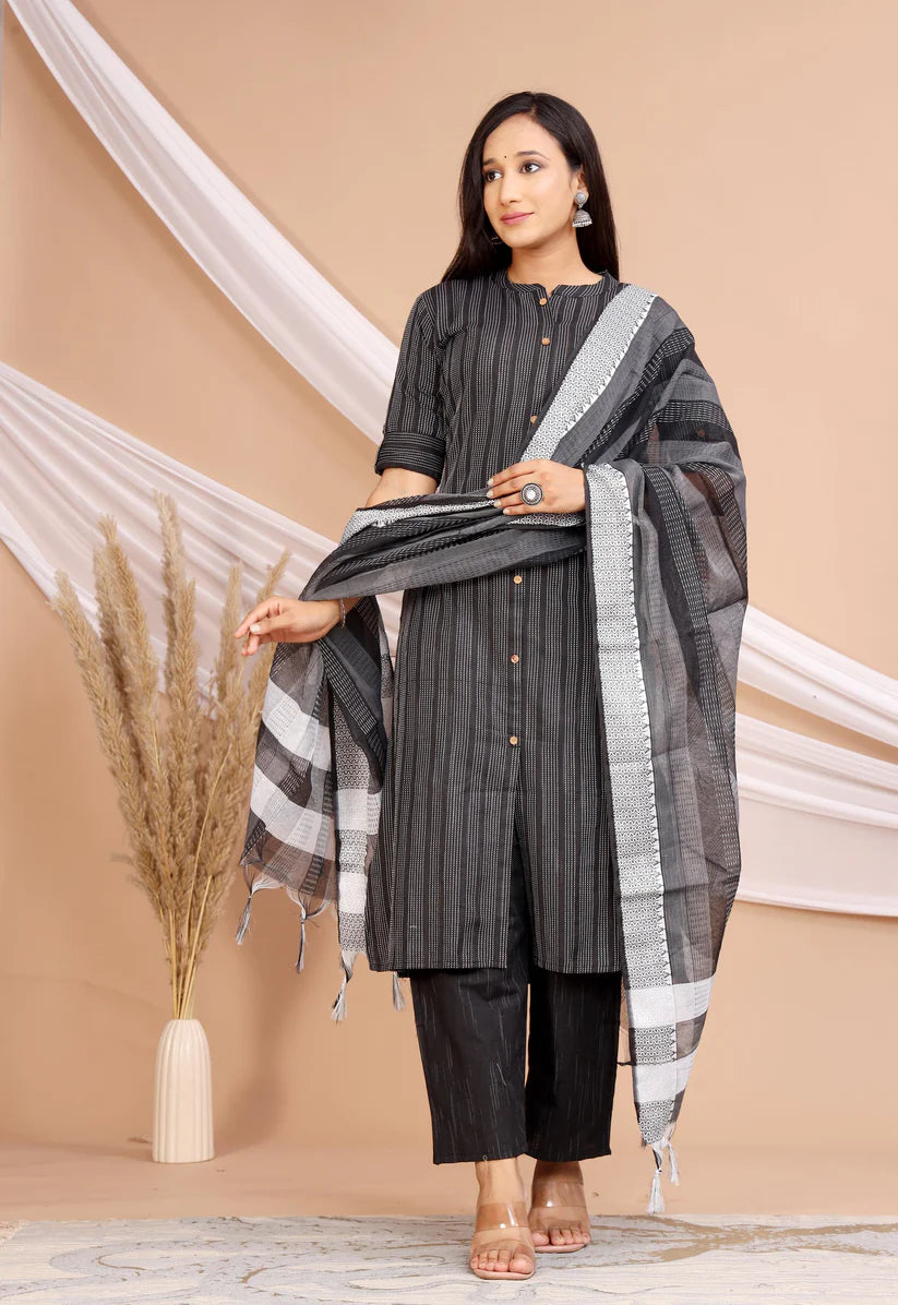 Black Cotton Kurta Set with Woven Dupatta