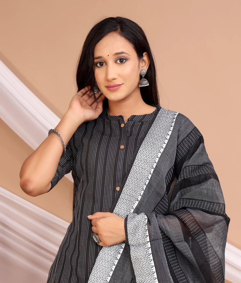 Black Cotton Kurta Set with Woven Dupatta