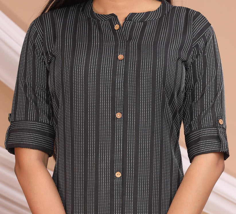 Black Cotton Kurta Set with Woven Dupatta