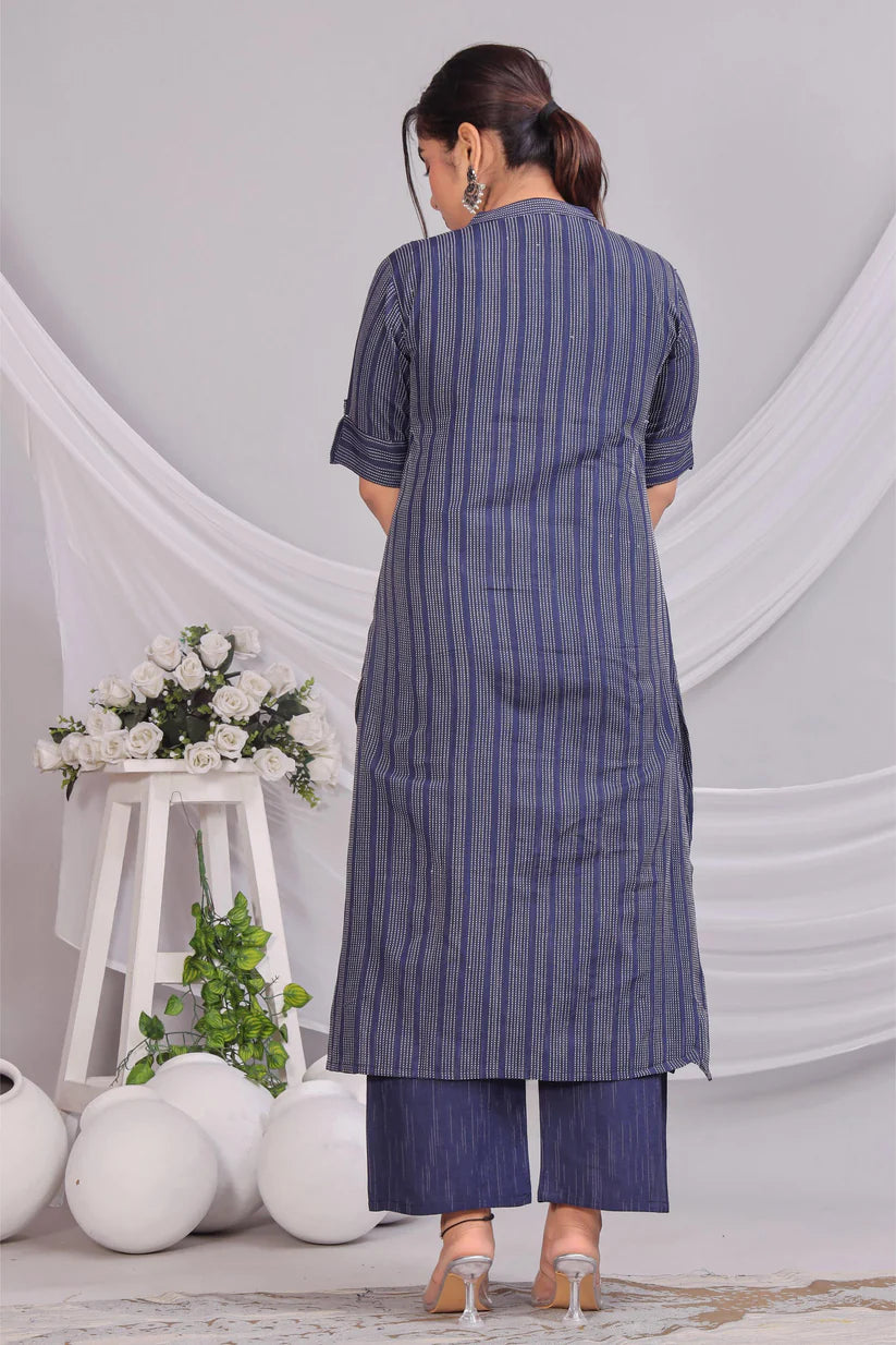 Blue Cotton Kurta Set with Woven Dupatta