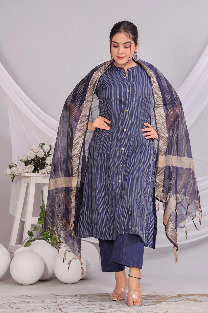 Blue Cotton Kurta Set with Woven Dupatta