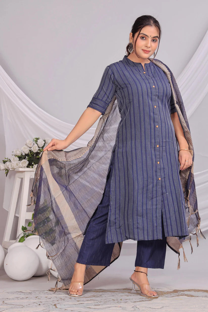 Blue Cotton Kurta Set with Woven Dupatta