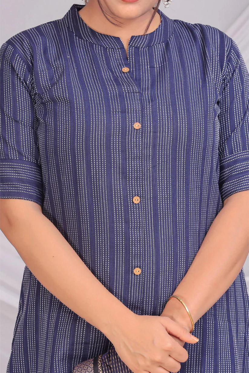 Blue Cotton Kurta Set with Woven Dupatta
