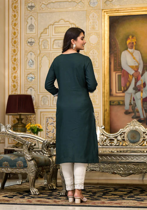 Mehr Green Embroidered Rayon Kurta