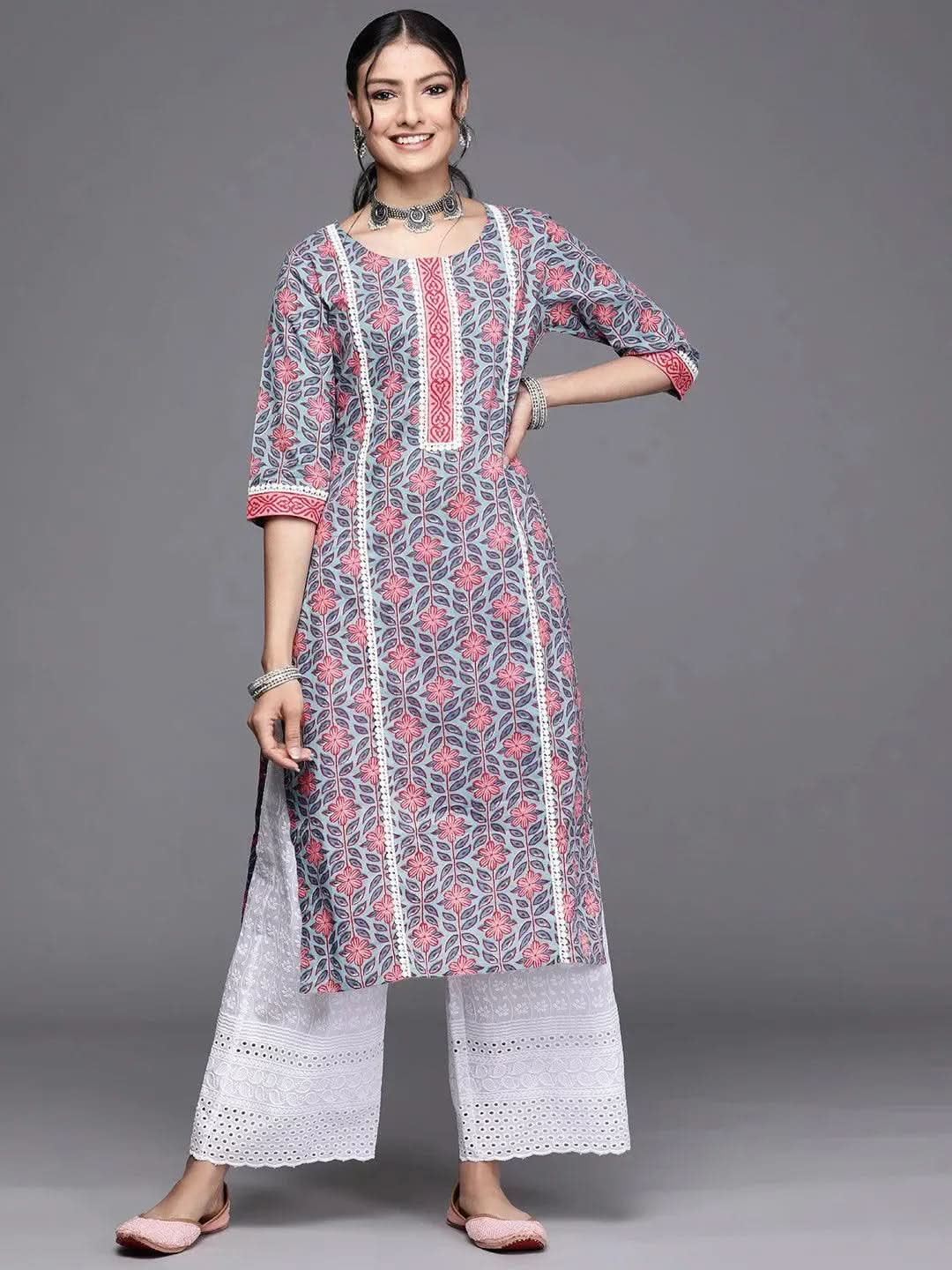 Iravya Blue Blossom Straight Kurta