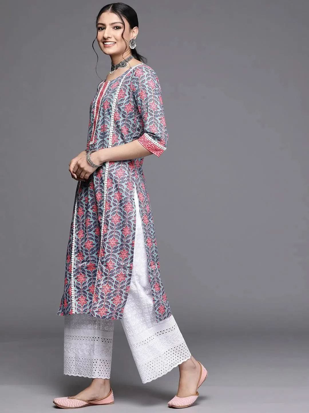 Iravya Blue Blossom Straight Kurta