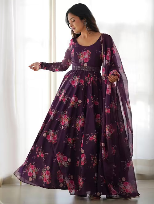 Arshiya Purple Georgette Floral Kurta Dupatta Set