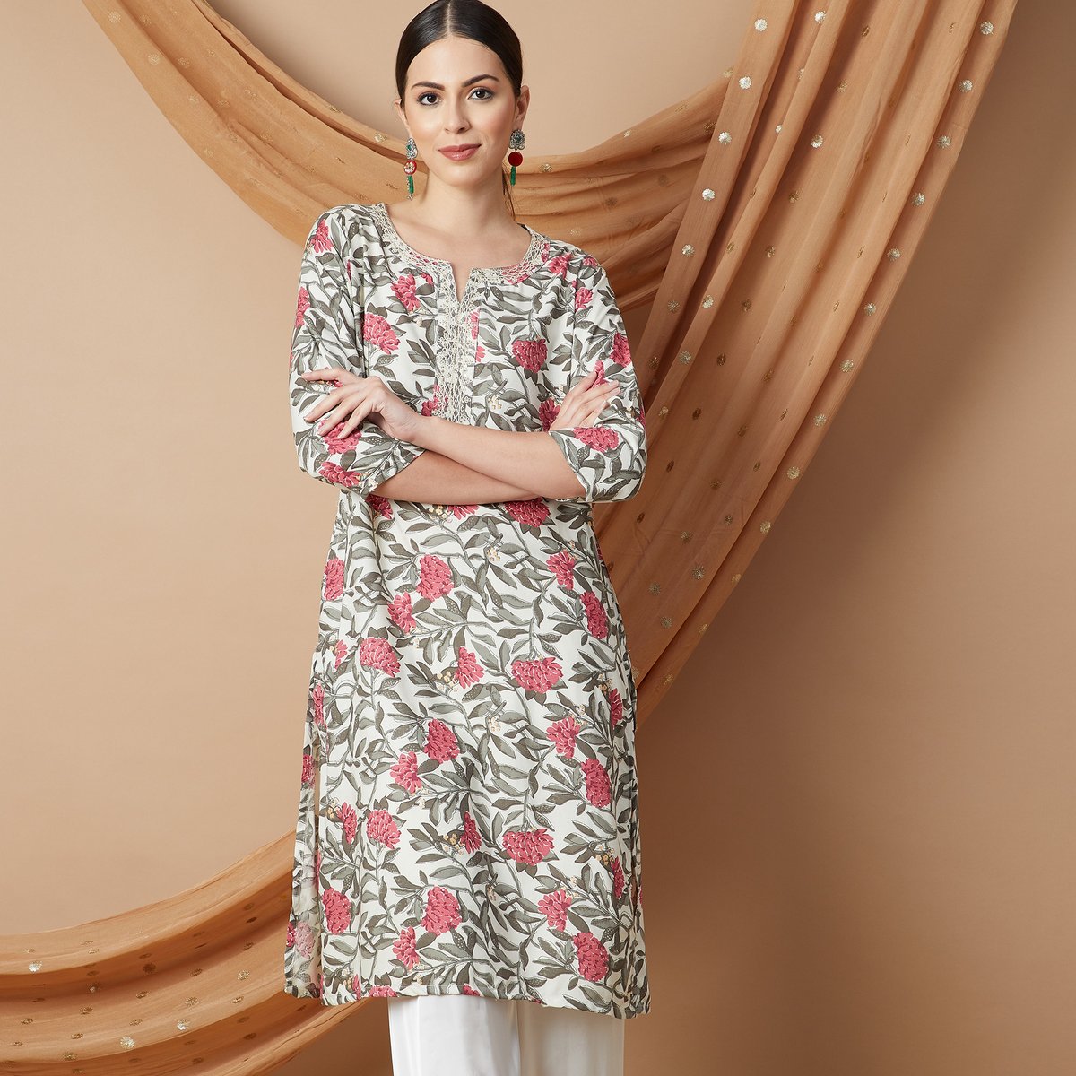 Ira Grey Floral Rayon A-Line Kurta