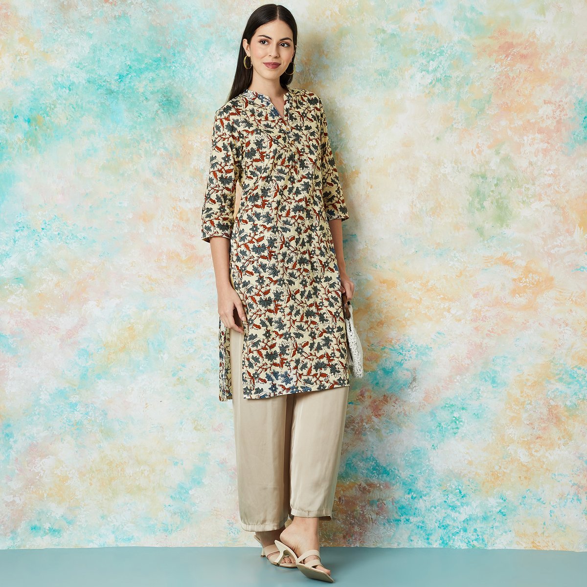 Beige Cotton Floral Print Straight Kurta