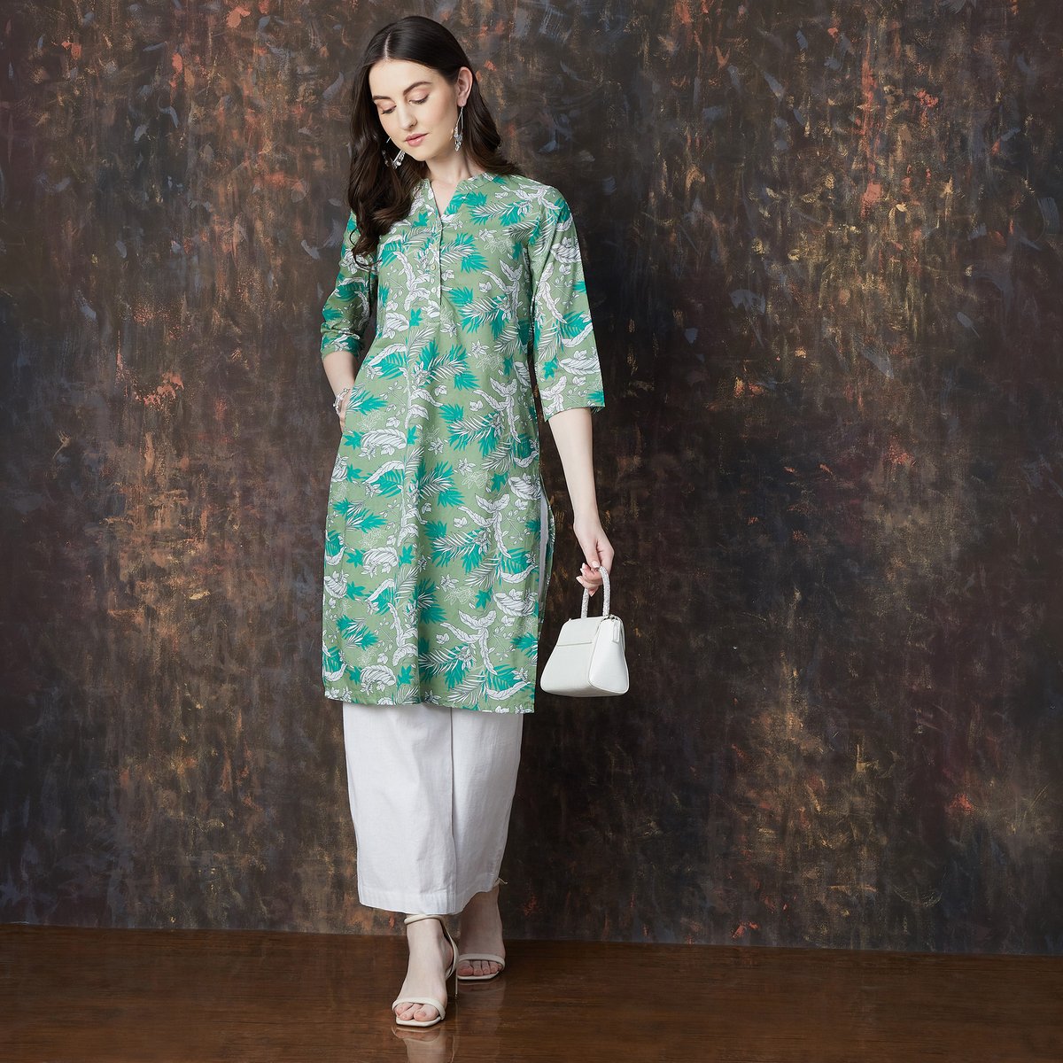 Green Cotton Printed Straight Kurta