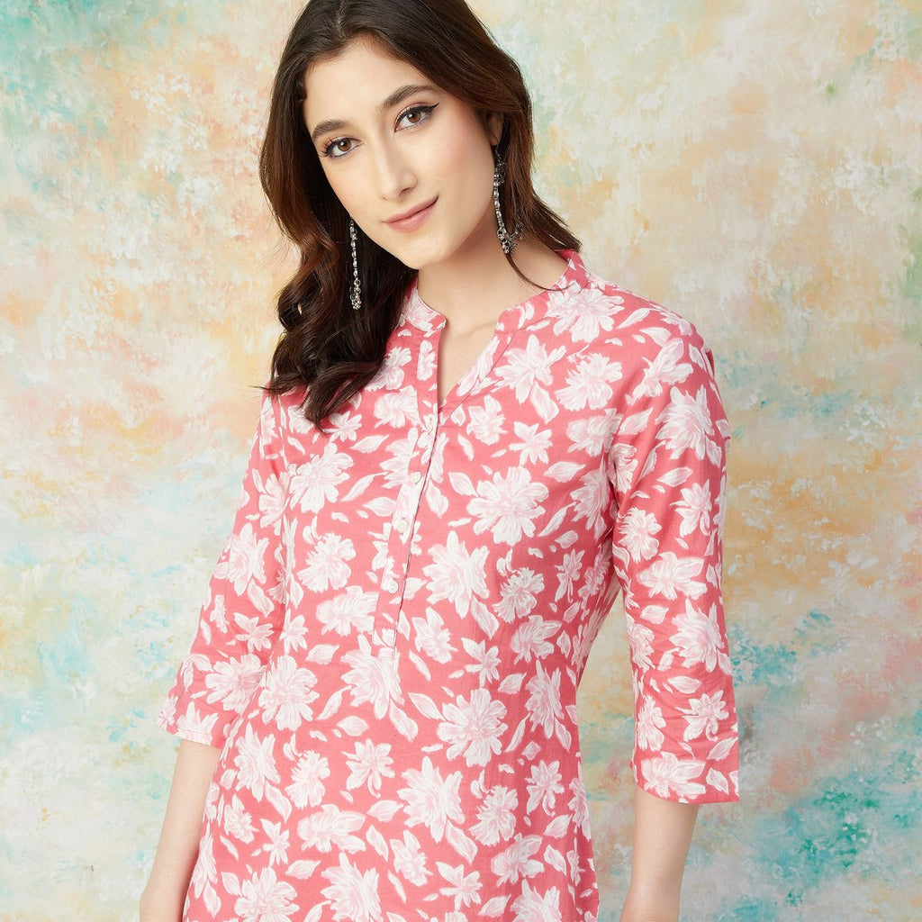 Pink Cotton Floral Print Straight Kurta