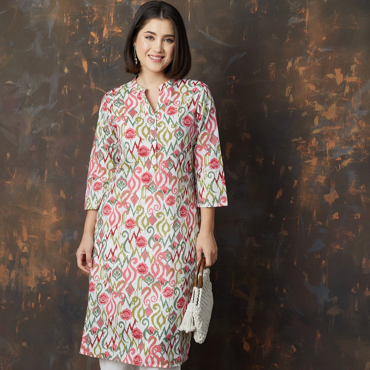 White Cotton Printed Straight Kurta