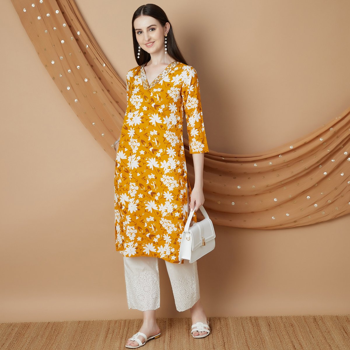 Ziya Yellow Floral Rayon Kurta