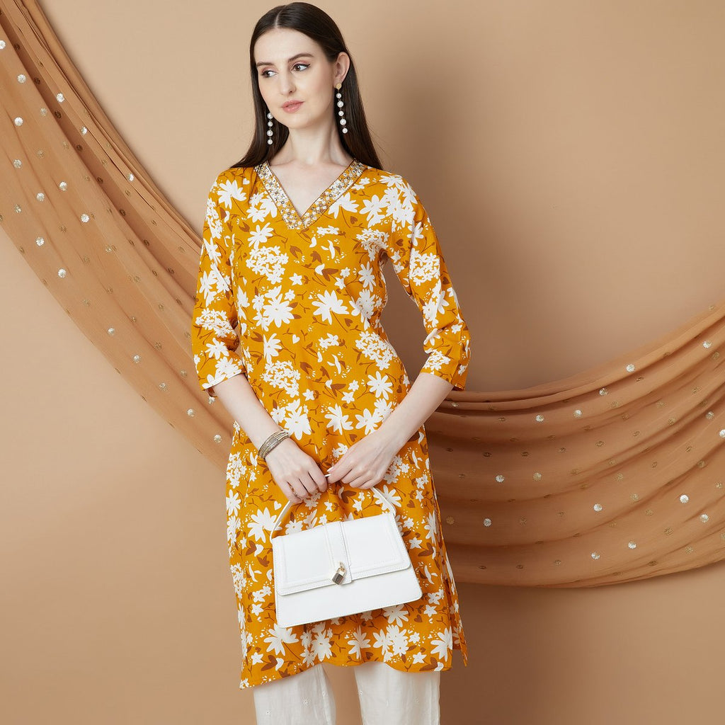 Ziya Yellow Floral Rayon Kurta