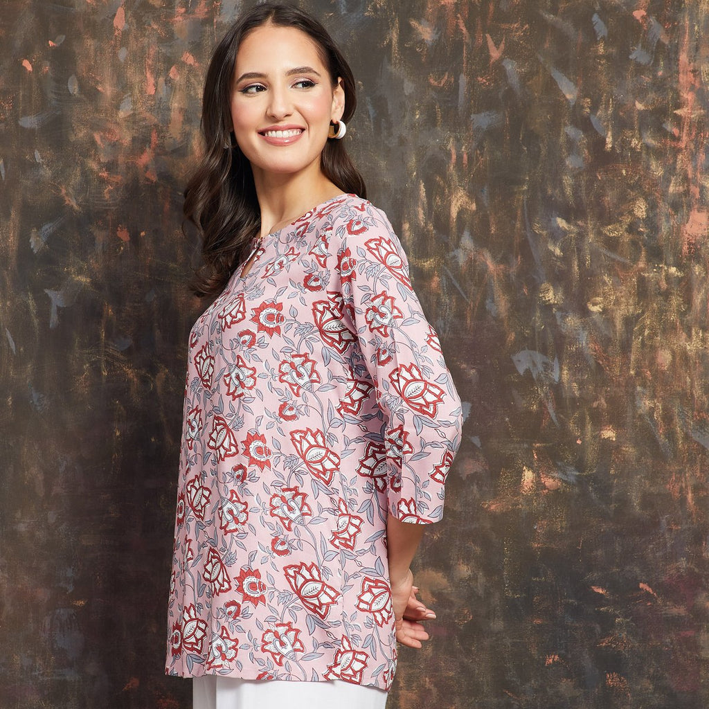 Aarvi Pink Floral Viscose Kurti