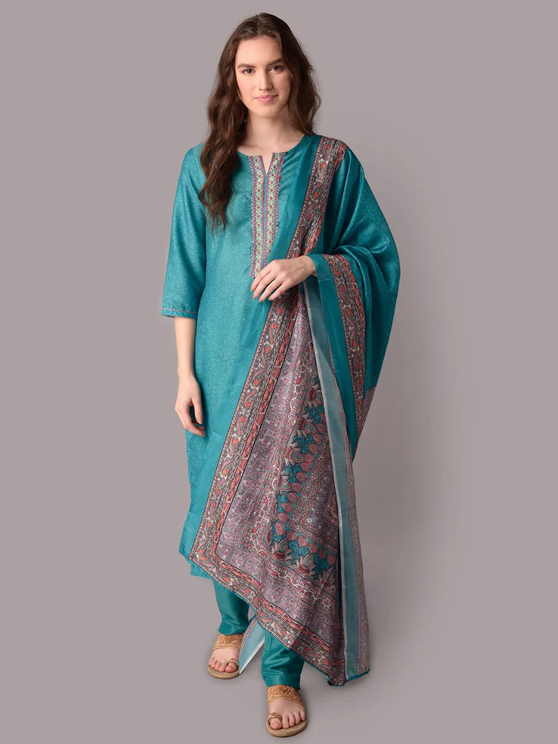 Turquoise Bloom Floral Kurta Set with Dupatta