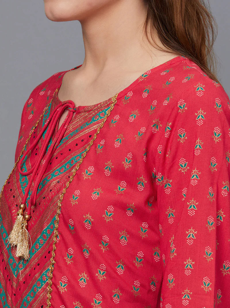 Red Floral Kurta with Comfort Pants
