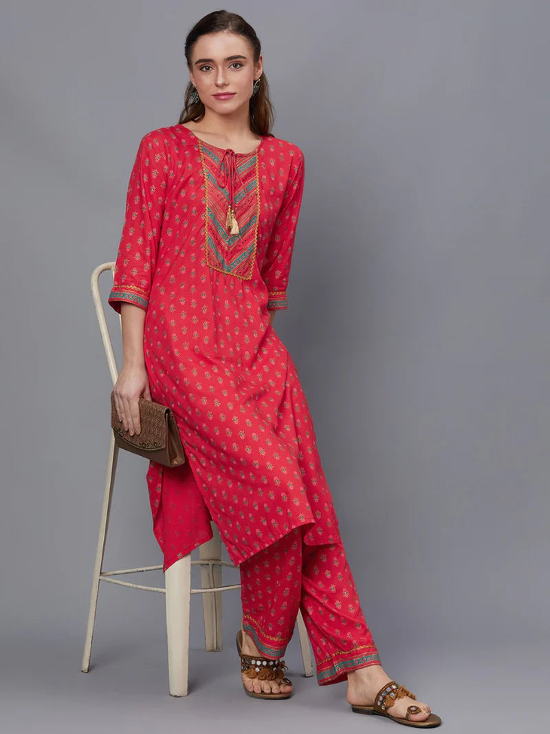 Red Floral Kurta with Comfort Pants