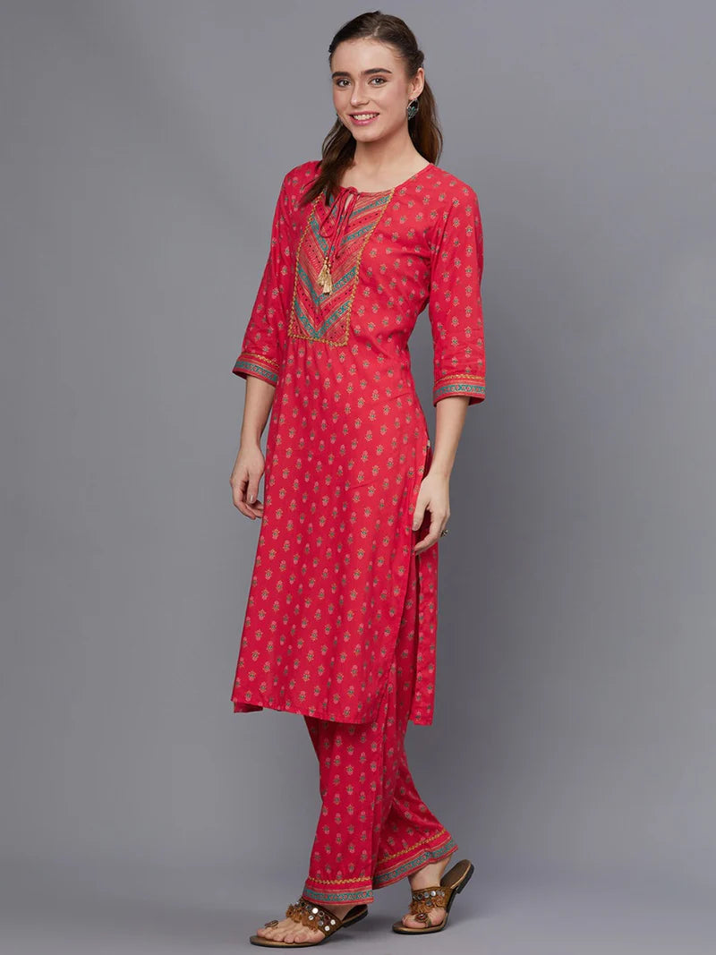 Red Floral Kurta with Comfort Pants