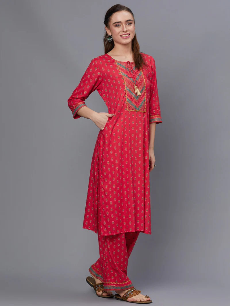 Red Floral Kurta with Comfort Pants