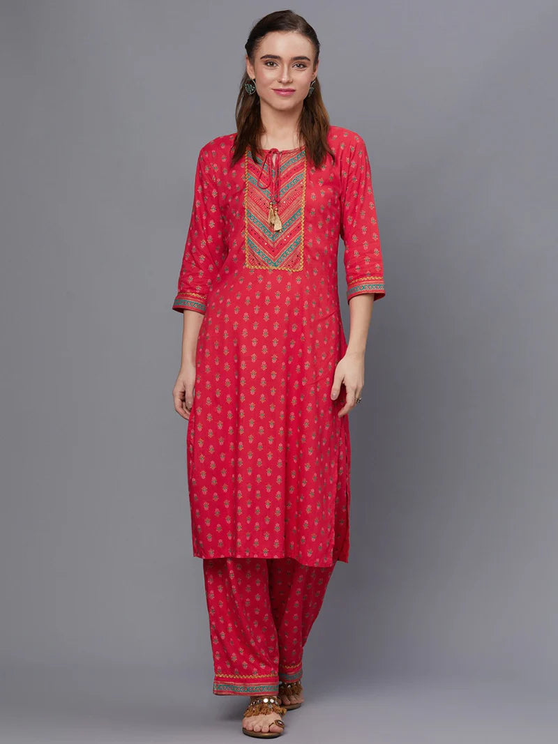 Red Floral Kurta with Comfort Pants