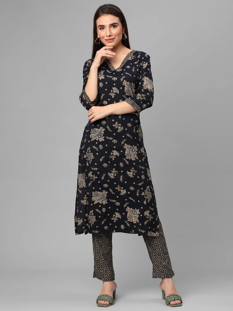 Navy Blue Floral Kurta with Trousers
