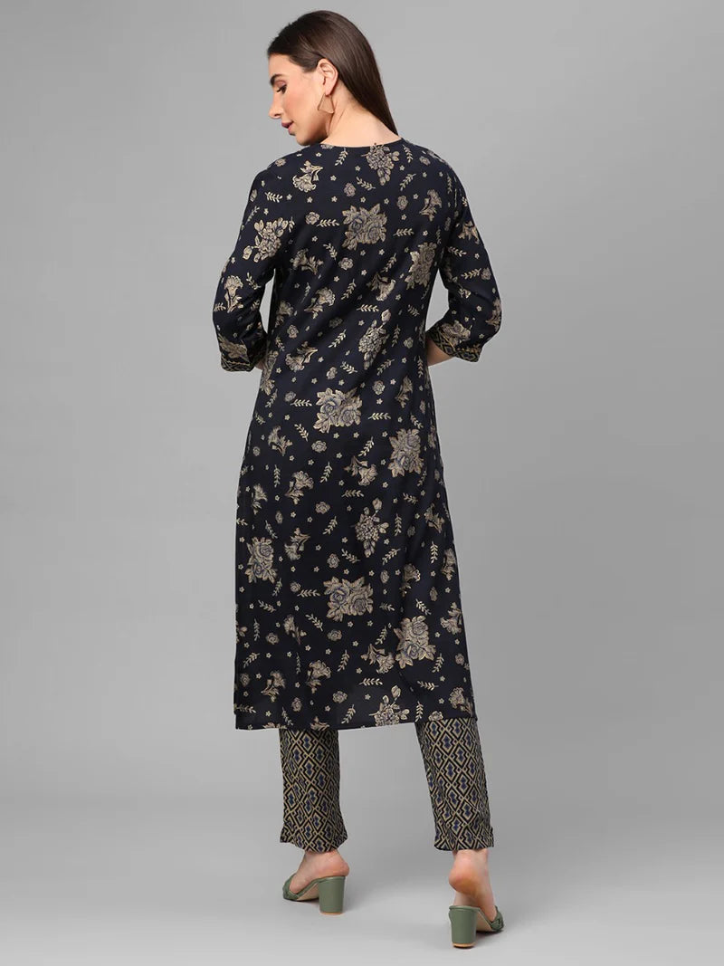 Navy Blue Floral Kurta with Trousers