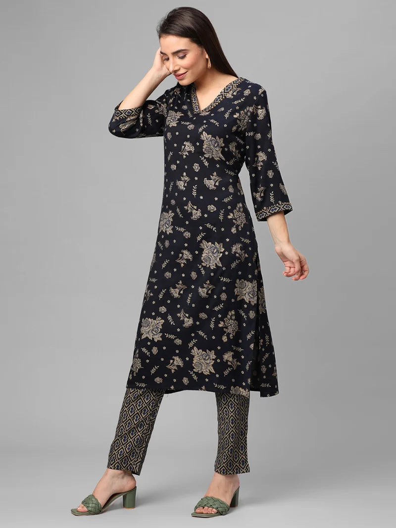Navy Blue Floral Kurta with Trousers